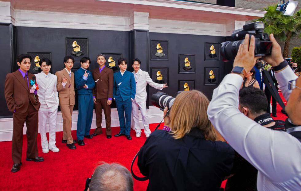 BTS on the red carpet before the start of the 2022 Grammy Awards on Sunday, April 3, 2022, at t ...