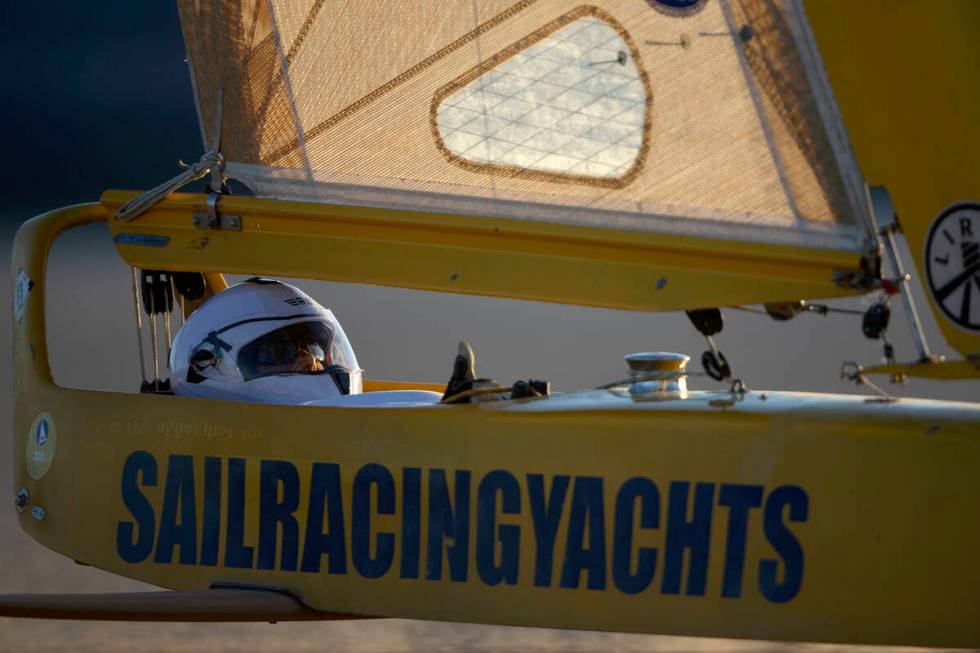 Renee Fields goes for her last ride during America's Landsailing Cup at Ivanpah Dry Lake on Thu ...