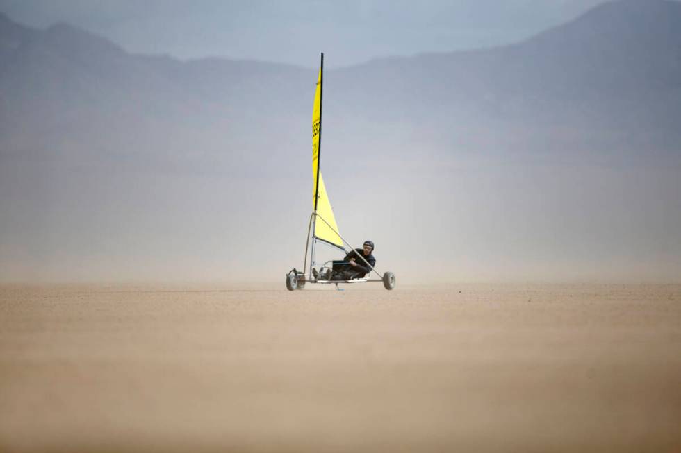 A pilot sails his Manta single land yacht during America's Landsailing Cup at Ivanpah Dry Lake ...