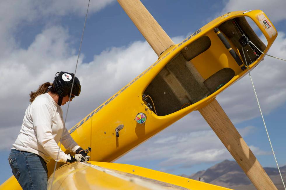 Renee Fields prepares her Class 3 "big boat" for racing at Ivanpah Dry Lake on Sunday, March 20 ...