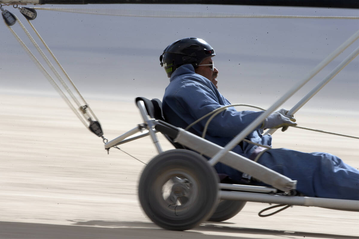 Steve Katzman cruises toward the finish line during America's Landsailing Cup at Ivanpah Dry La ...