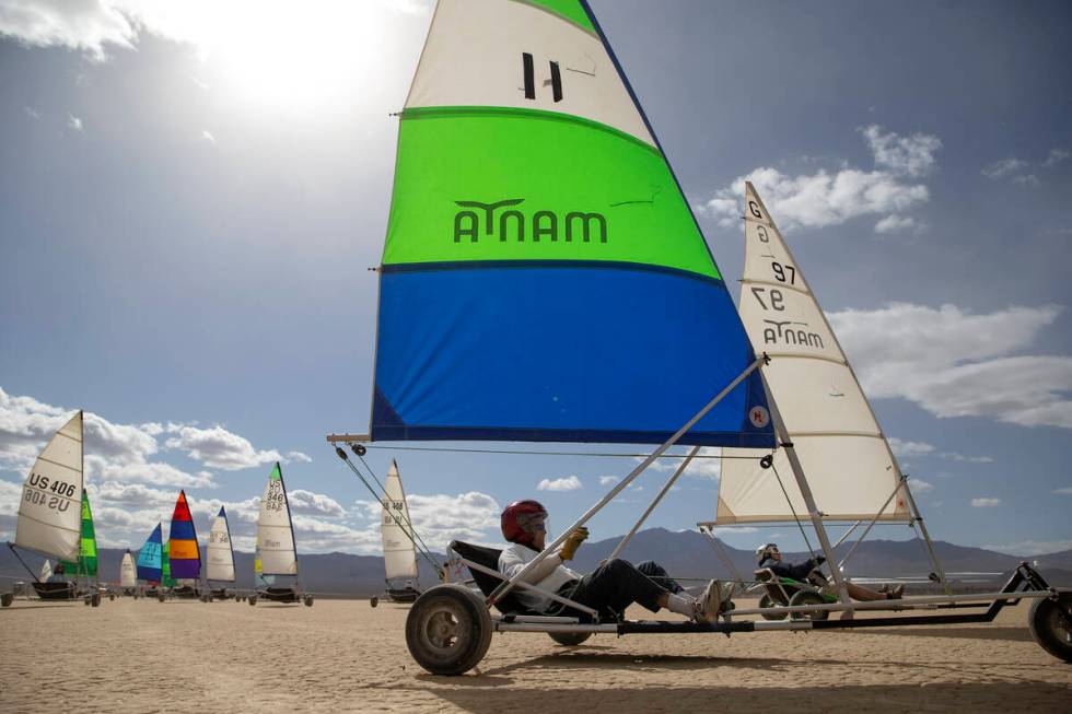 Pilots catch the wind as a Manta twin class race begins during America's Landsailing Cup at Iva ...