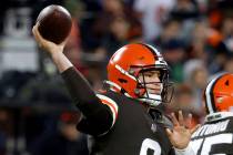 Cleveland Browns quarterback Nick Mullens (9) throws a pass during an NFL football game against ...