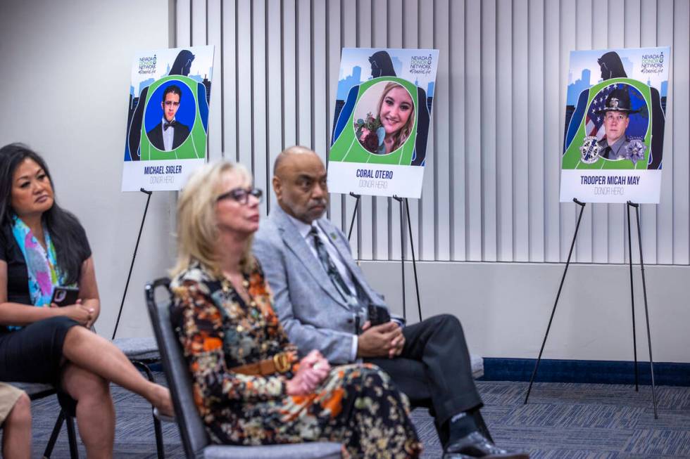 Organ donation individuals are displayed during a press conference encouraging Nevadans to beco ...