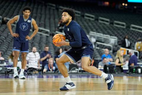 Villanova guard Caleb Daniels (14) warms up during practice for the men's Final Four NCAA colle ...