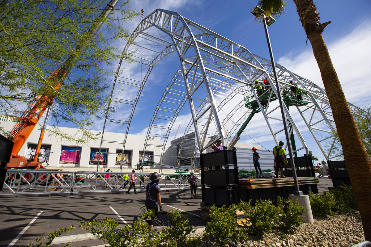 Workers begin to build out the NFL Draft Theater at Caesars Forum on Monday, April 4, 2022, in ...