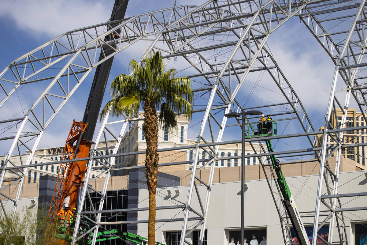 Workers begin to build out the NFL Draft Theater at Caesars Forum on Monday, April 4, 2022, in ...