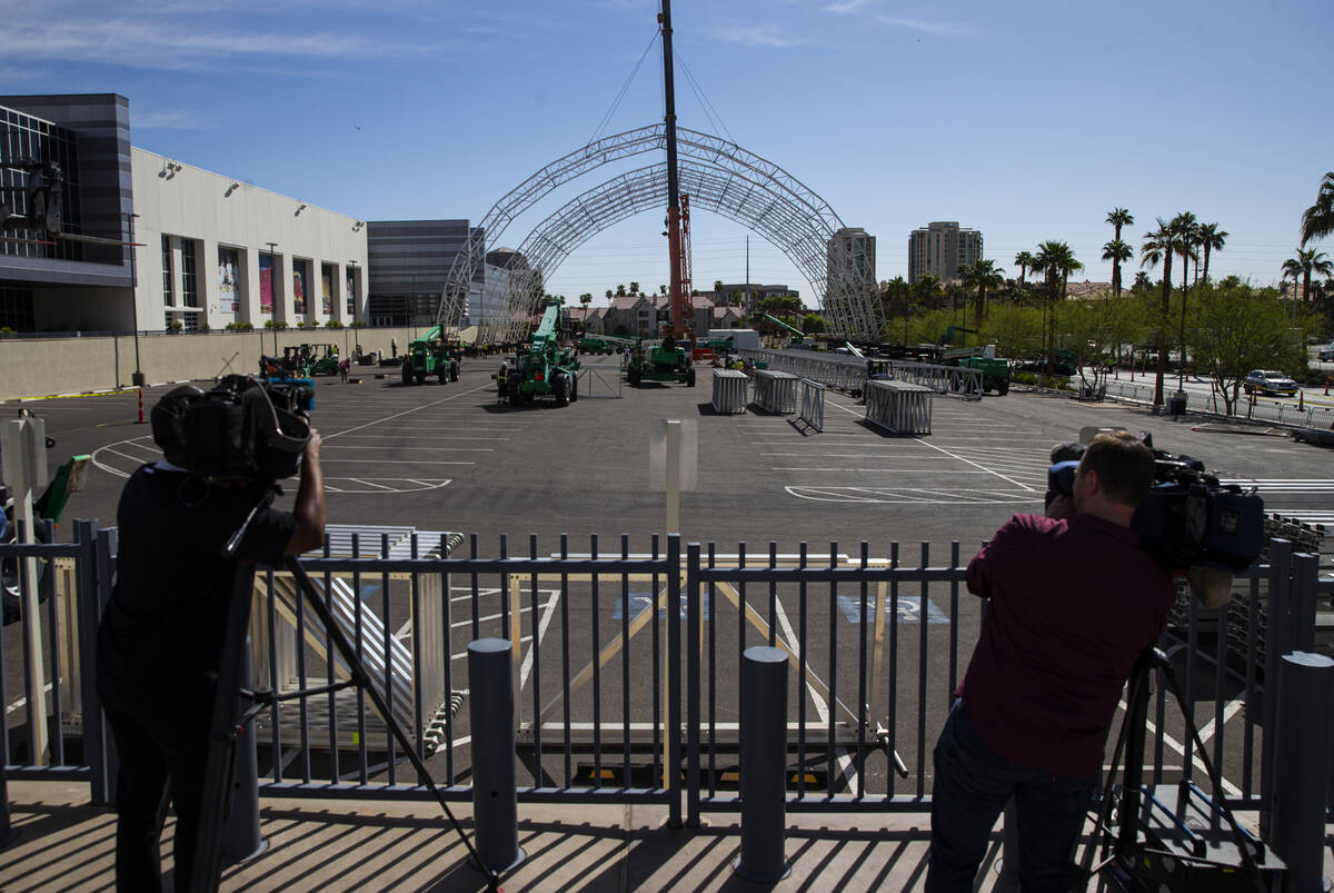 Workers begin to build out the NFL Draft Theater at Caesars Forum on Monday, April 4, 2022, in ...