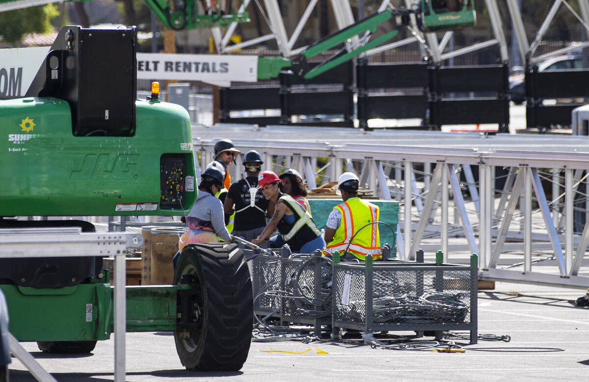 Workers begin to build out the NFL Draft Theater at Caesars Forum on Monday, April 4, 2022, in ...