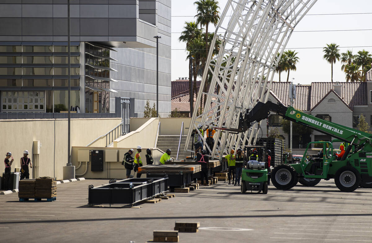 Workers begin to build out the NFL Draft Theater at Caesars Forum on Monday, April 4, 2022, in ...