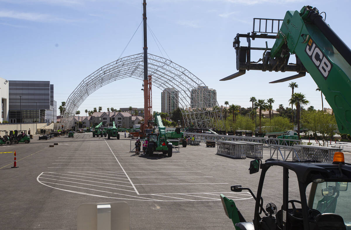 Workers begin to build out the NFL Draft Theater at Caesars Forum on Monday, April 4, 2022, in ...