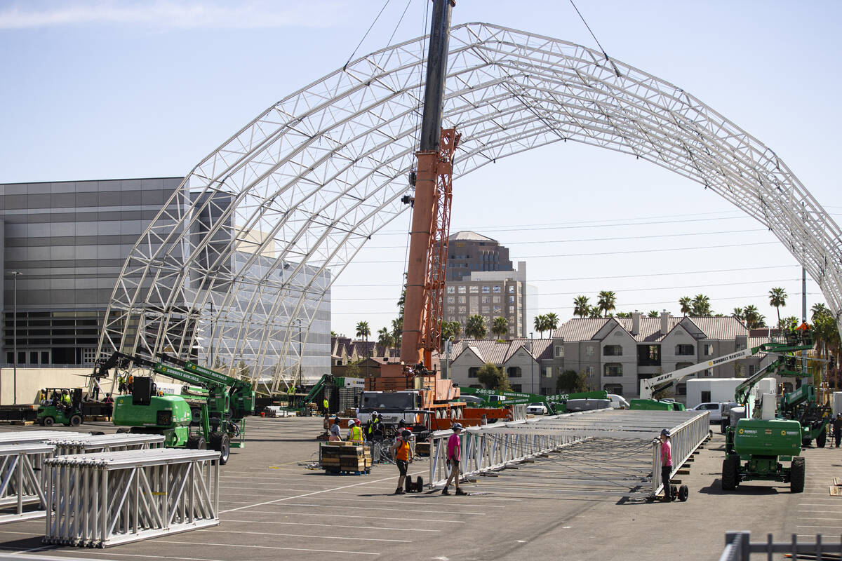 Workers begin to build out the NFL Draft Theater at Caesars Forum on Monday, April 4, 2022, in ...