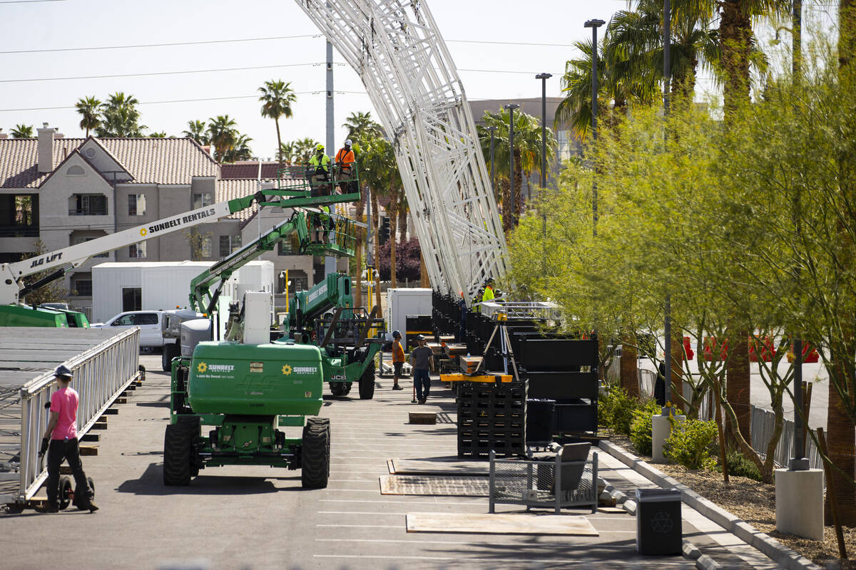 Workers begin to build out the NFL Draft Theater at Caesars Forum on Monday, April 4, 2022, in ...