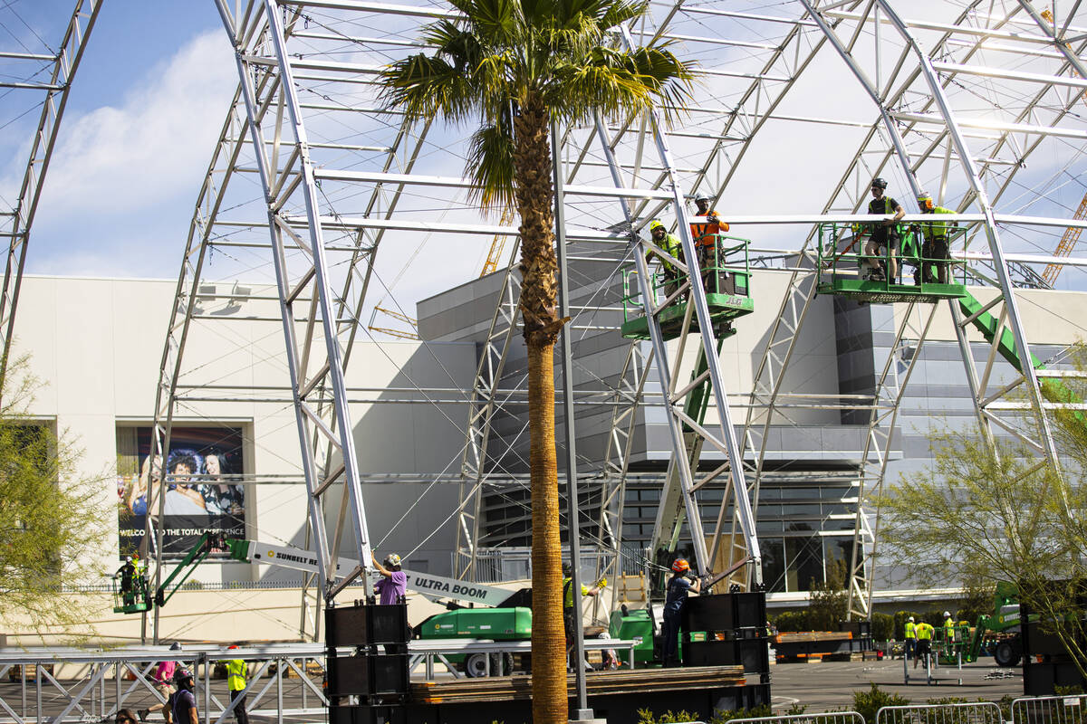 Workers begin to build out the NFL Draft Theater at Caesars Forum on Monday, April 4, 2022, in ...