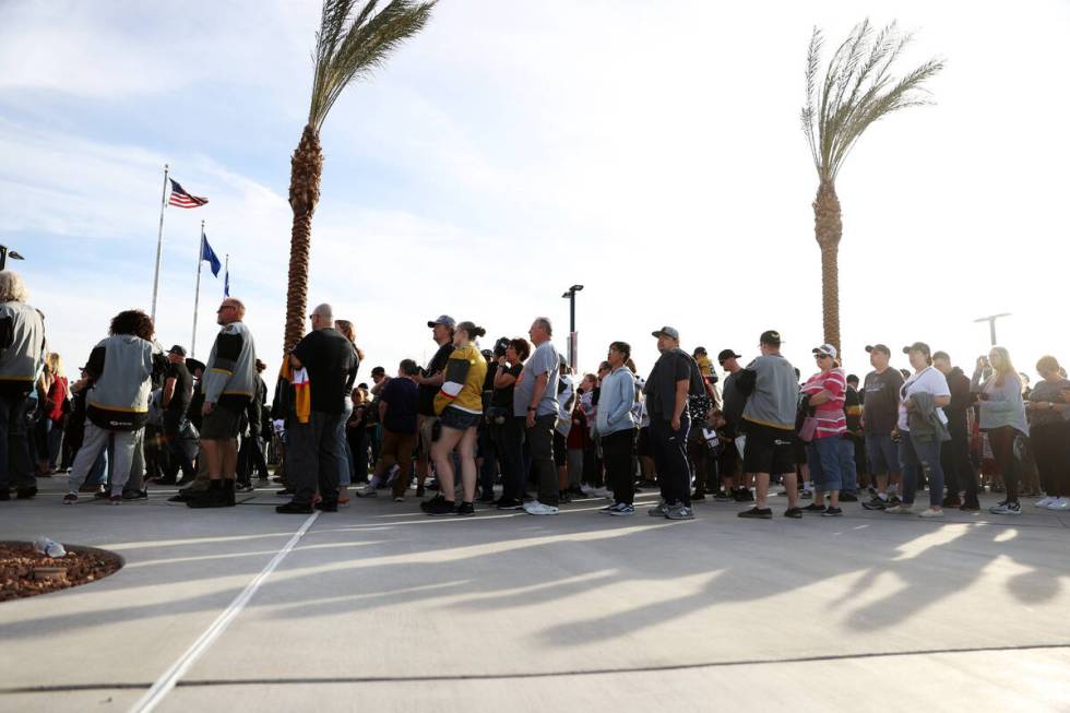 Fans outside of The Dollar Loan Center in Henderson before the start of an AHL game between the ...