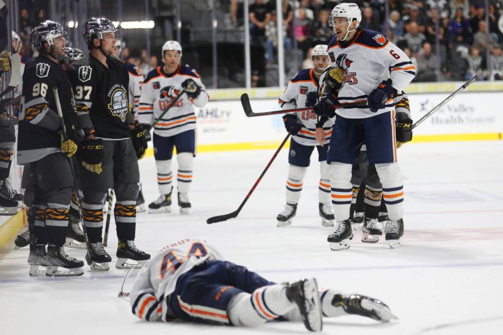 Henderson Silver Knights Layton Ahac (44) lays on the ground after getting injured in a play du ...