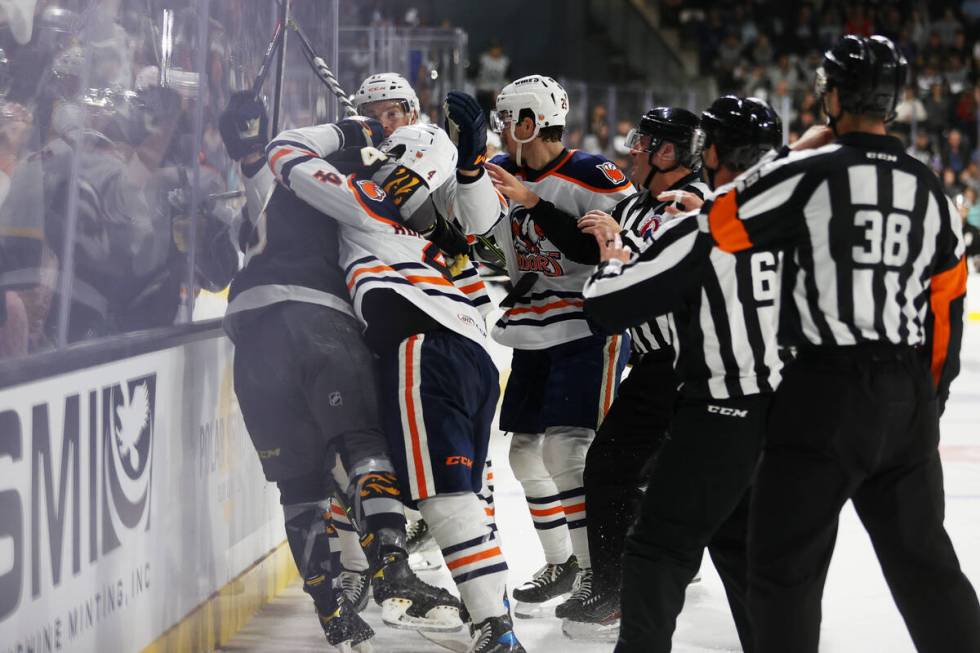 A fight breaks out between the Henderson Silver Knights and the Bakersfield Condors during the ...