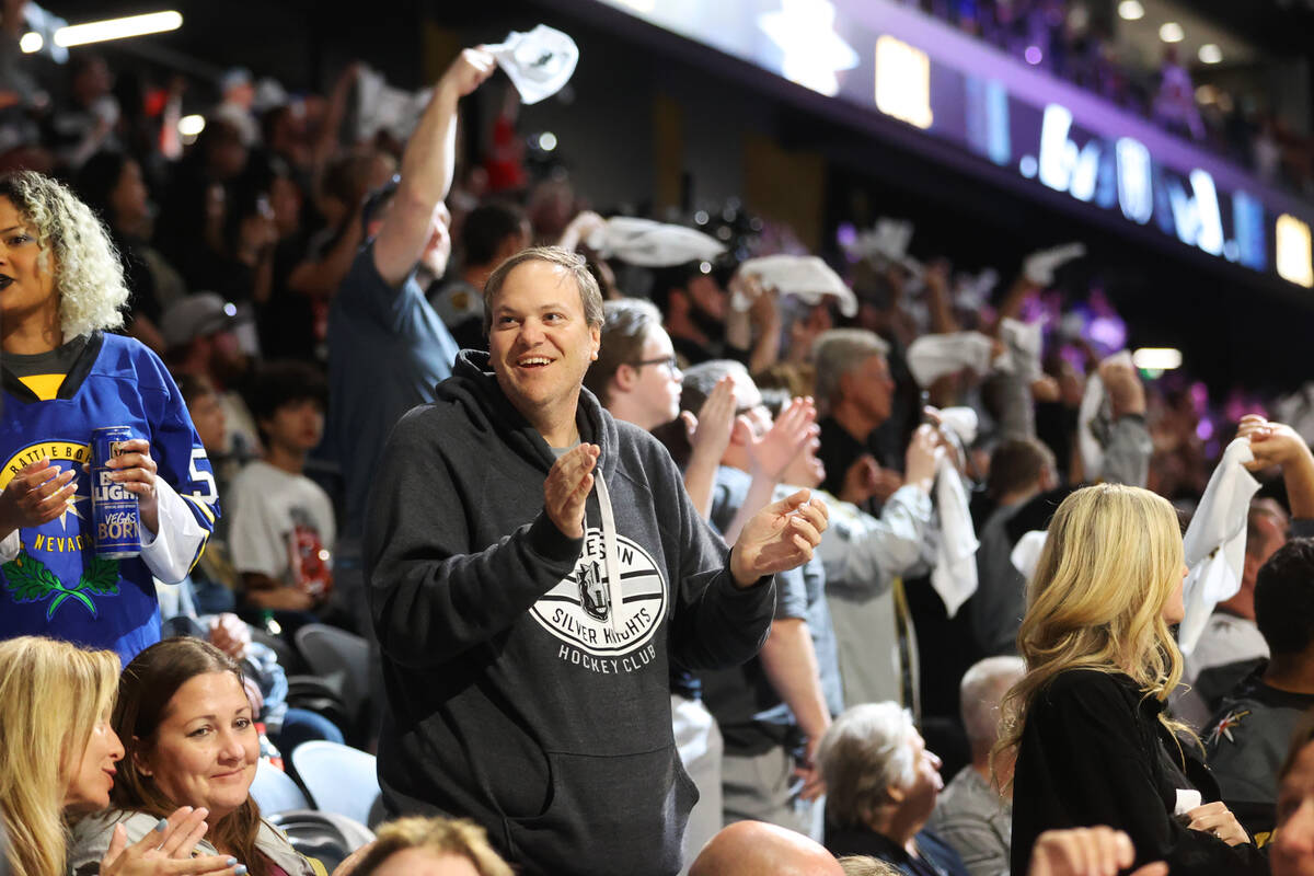 Fans celebrate a score by the Henderson Silver Knights against the Bakersfield Condors during t ...