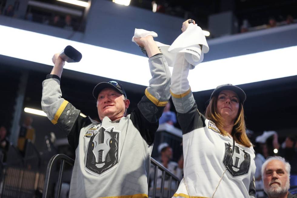 The Henderson Silver Knights celebrate a goal against the Bakersfield Condors during the second ...