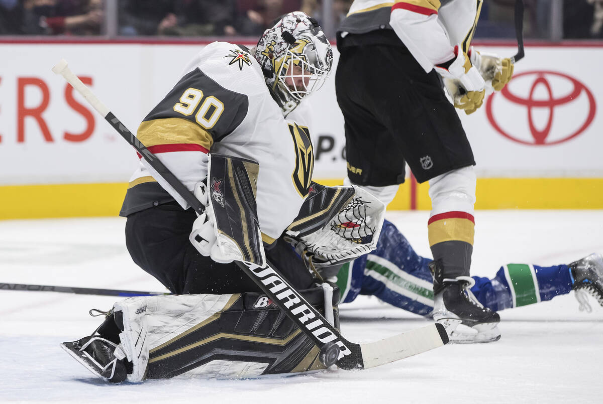 Vegas Golden Knights goalie Robin Lehner, of Sweden, makes a save during the first period of an ...