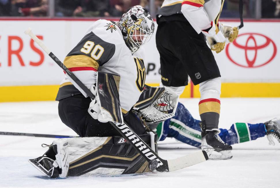 Vegas Golden Knights goalie Robin Lehner, of Sweden, makes a save during the first period of an ...