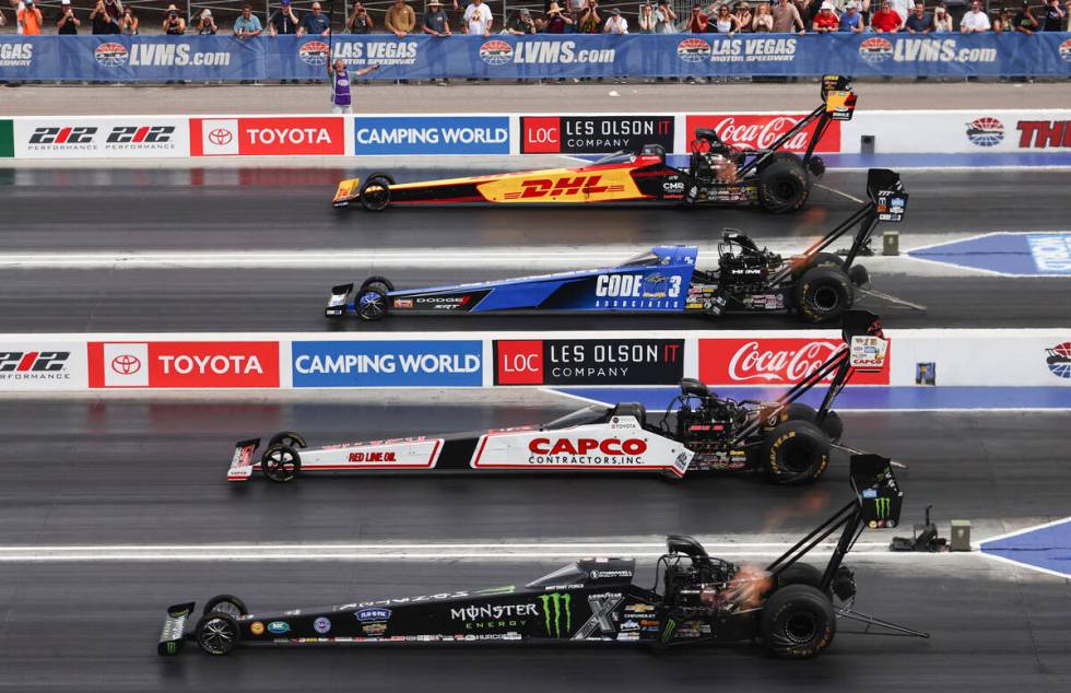 Top Fuel drivers, from top, Shawn Langdon, Leah Pruett, Steve Torrence and Brittany Force compe ...