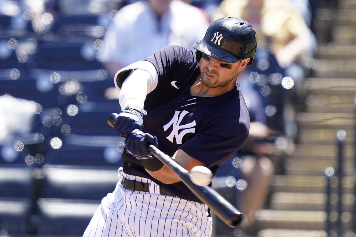 New York Yankees' Joey Gallo strikes out swinging during the fourth inning of a spring training ...