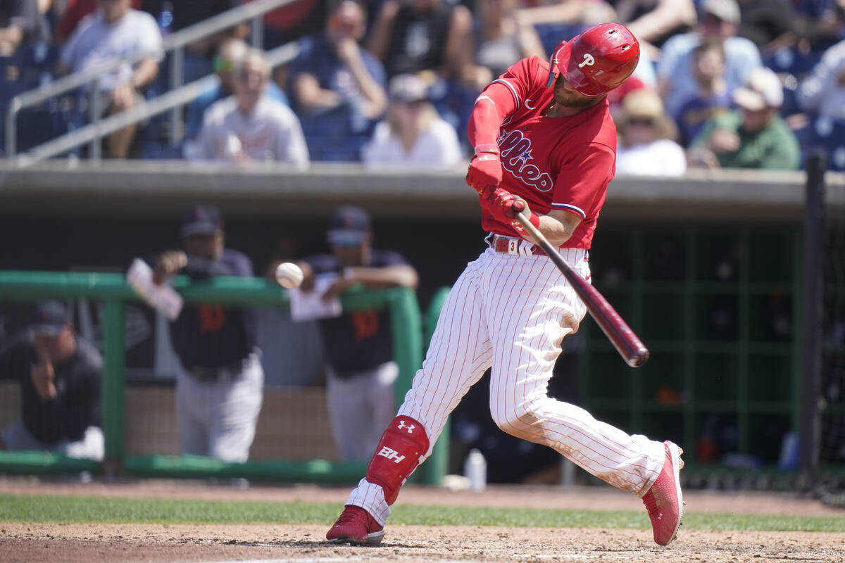 Philadelphia Phillies' Bryce Harper hits a two-run home run during the sixth inning of a spring ...