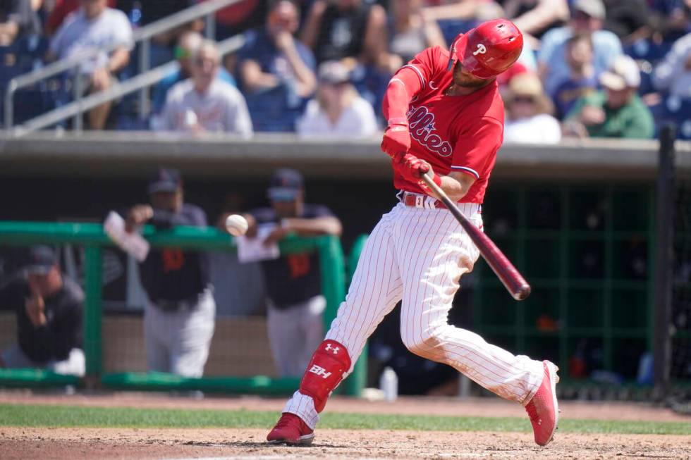 Philadelphia Phillies' Bryce Harper hits a two-run home run during the sixth inning of a spring ...