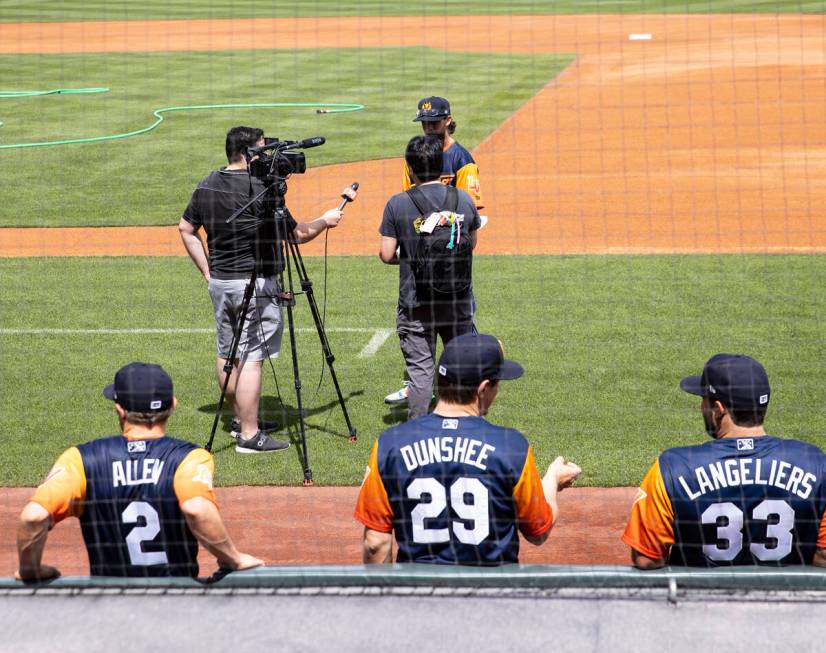 The Las Vegas Aviators infielder Nick Allen (2) pitcher Parker Dunshee (29) and catcher Shea La ...