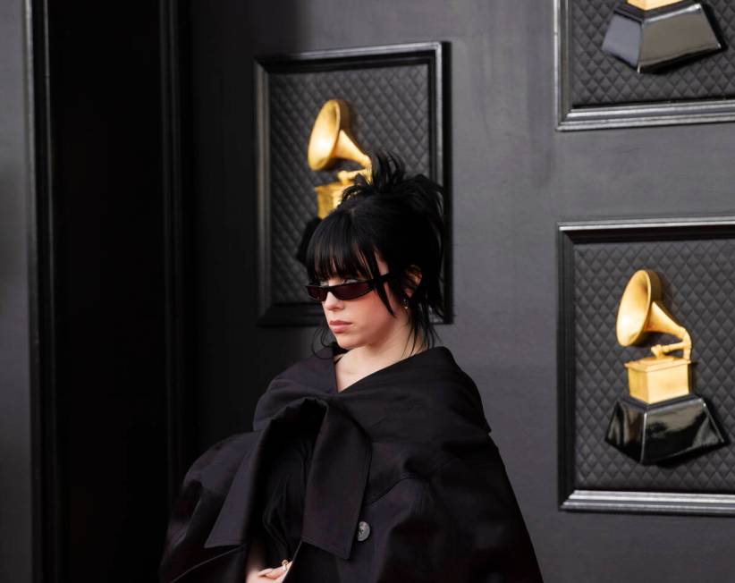 Billie Eilish on the red carpet before the start of the 2022 Grammy Awards on Sunday, April 3, ...