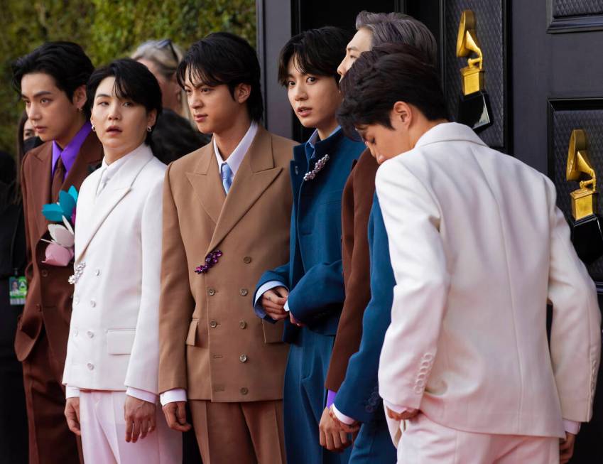 BTS on the red carpet before the start of the 2022 Grammy Awards on Sunday, April 3, 2022, at t ...