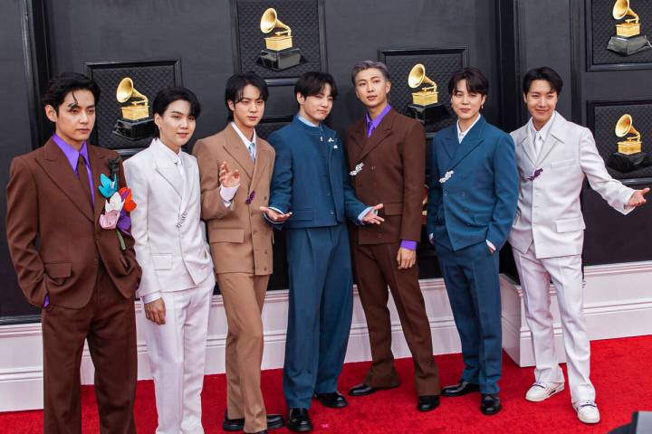 BTS on the red carpet before the start of the 2022 Grammy Awards on Sunday, April 3, 2022, at t ...