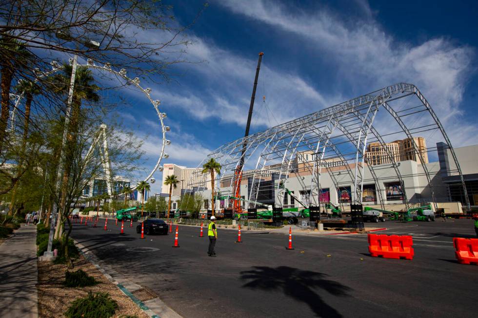 Workers begin to build out the NFL Draft Theater at Caesars Forum on Monday, April 4, 2022, in ...