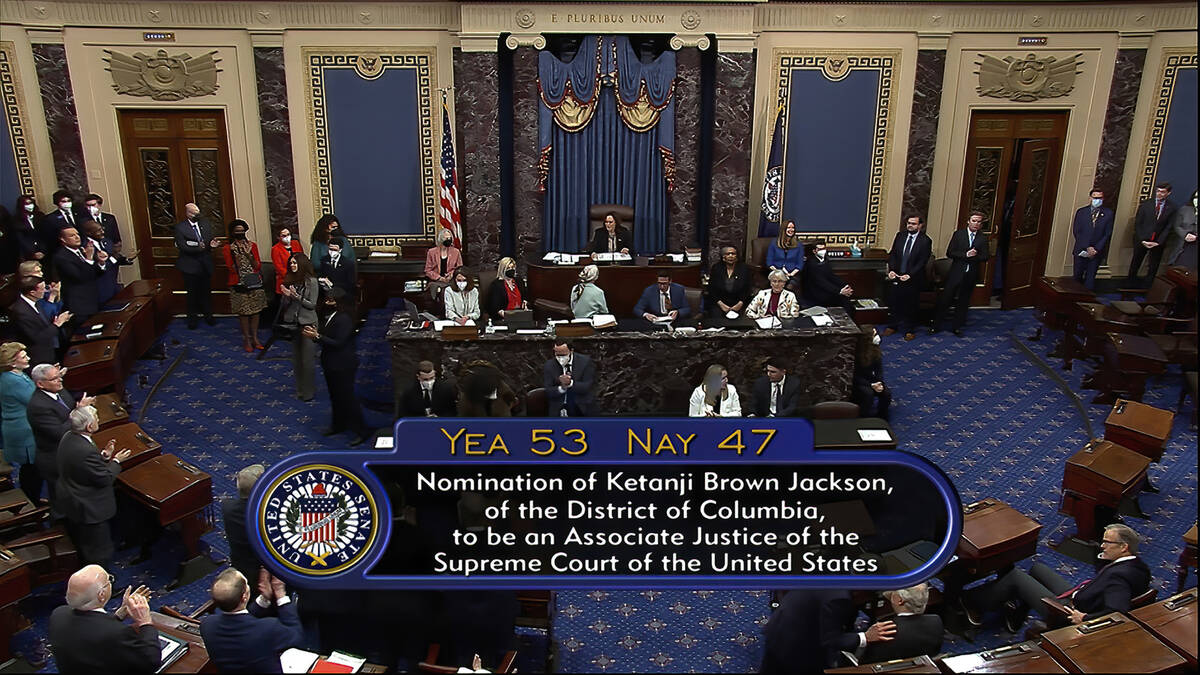 In this image from video from Senate Television, the final vote count of 53-47 is displayed aft ...