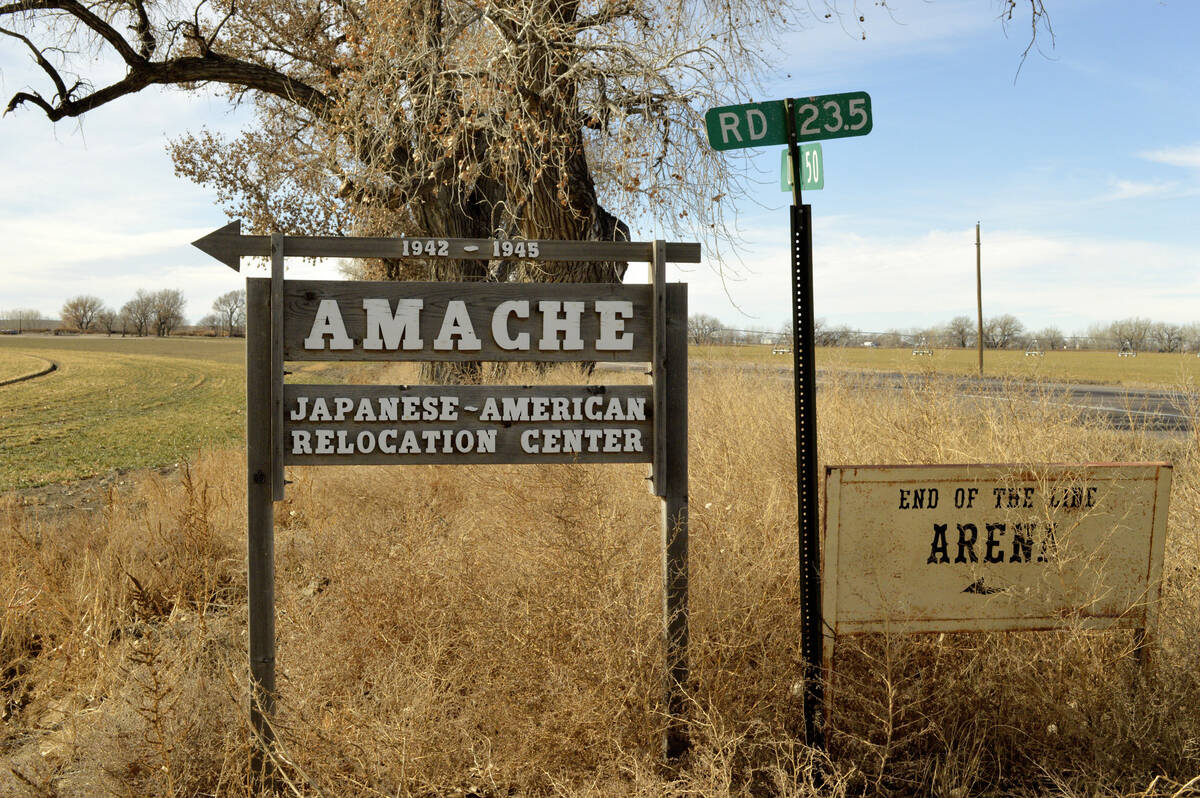 A sign stands at the entrance to Camp Amache, on Jan. 18, 2015, the site of a former World War ...
