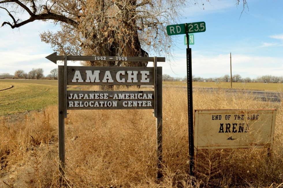 A sign stands at the entrance to Camp Amache, on Jan. 18, 2015, the site of a former World War ...