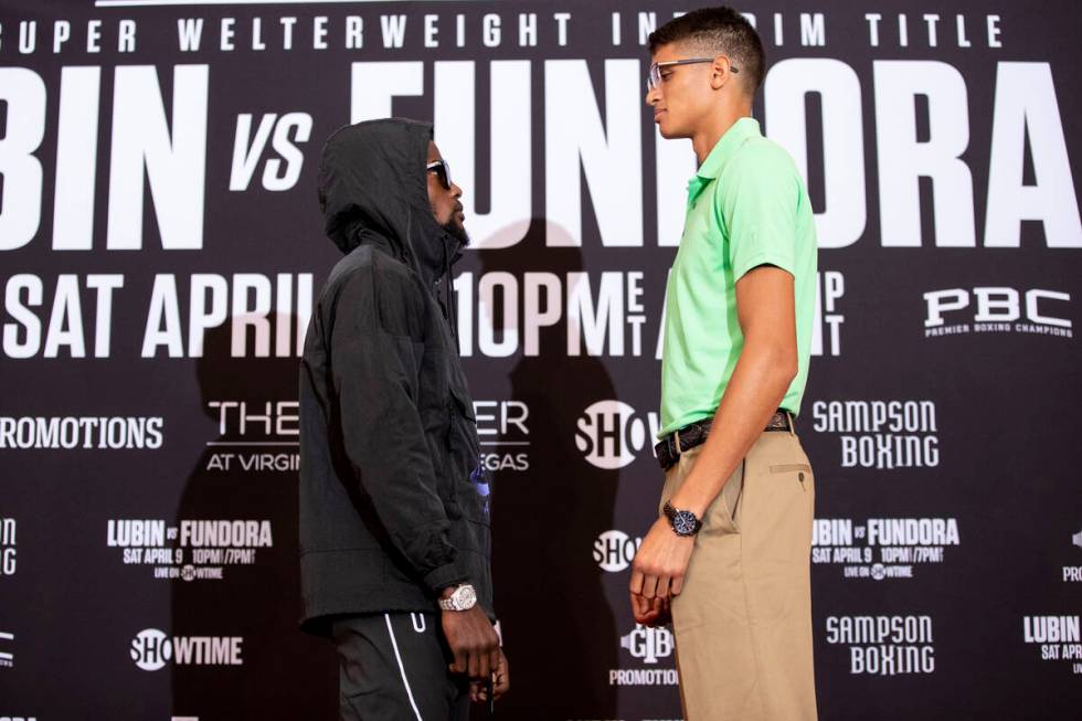 Sebastian Fundora (right) faces off with Erickson Lubin on Thursday, April 7, 2022 after the fi ...