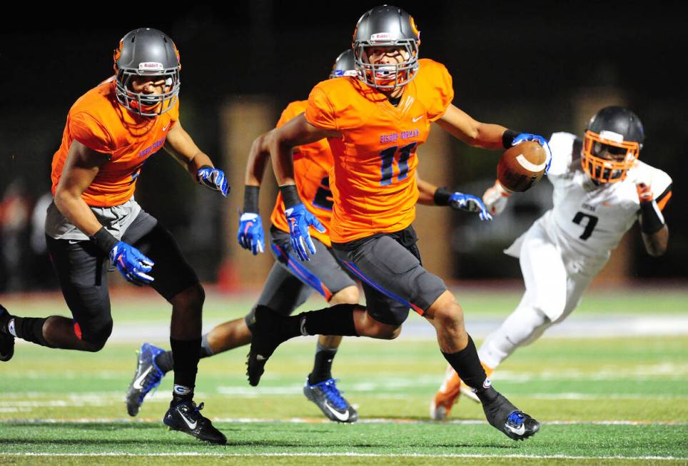 Bishop Gorman safety Bubba Bolden returns an interception for touchdown against Cocoa, la., in ...