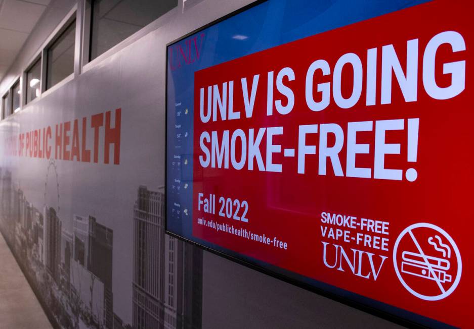 An electronic message stating that UNLV is going smoke free is displayed at the School of Publi ...