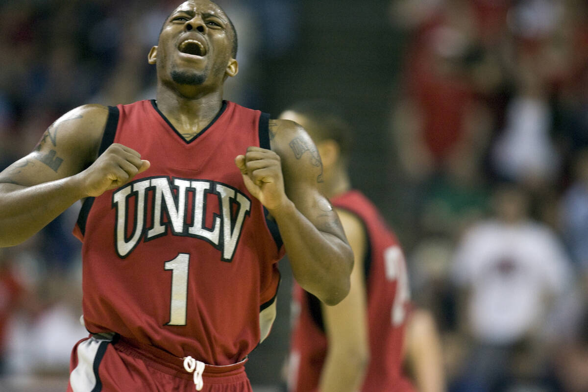UNLV senior guard Wink Adams reacts to a UNLV foul call late in the second half of their Mounta ...