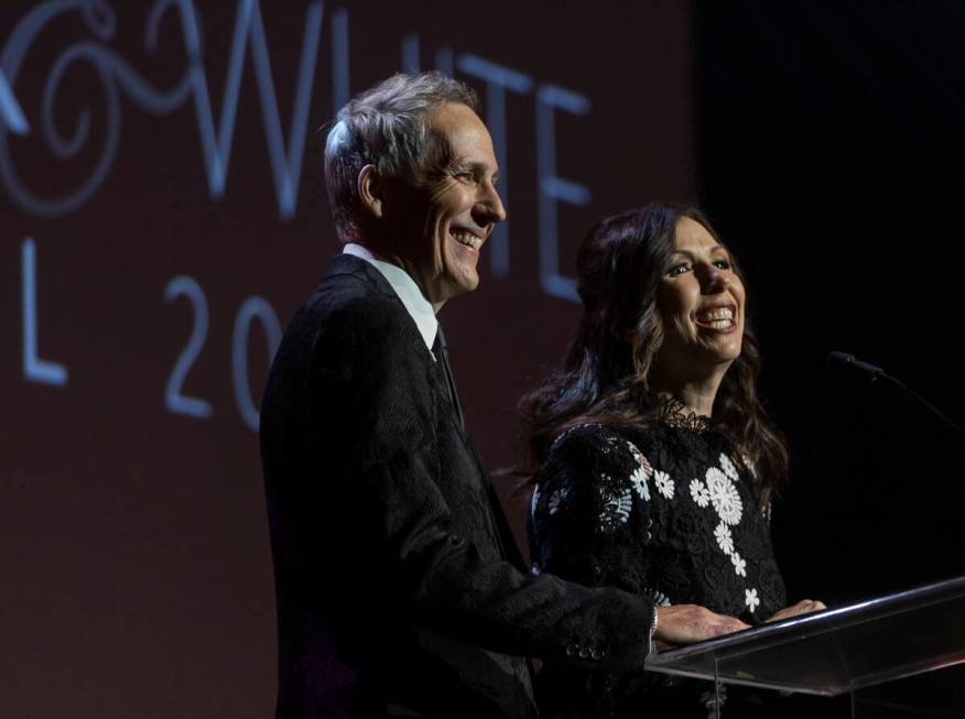 Dinner chairs Christopher and Dawn Hume address guests during Nevada Ballet Theatre’s 38 ...