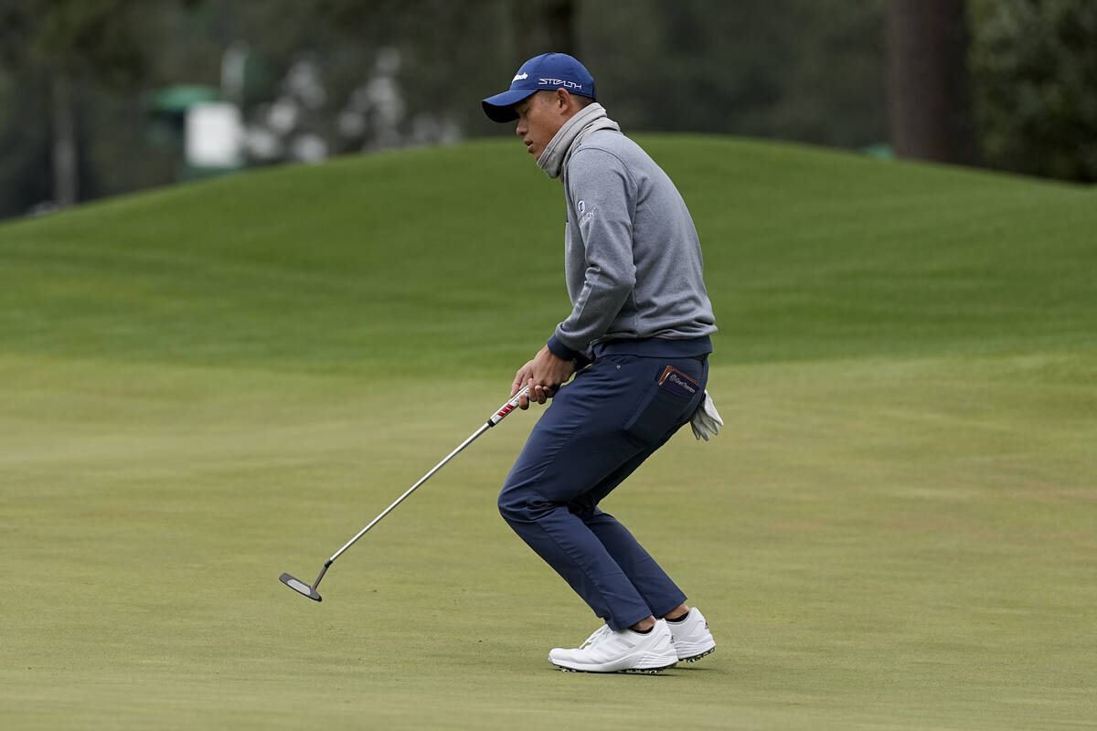 Collin Morikawa reacts after missing a birdie putt on the eighth green during the third round a ...
