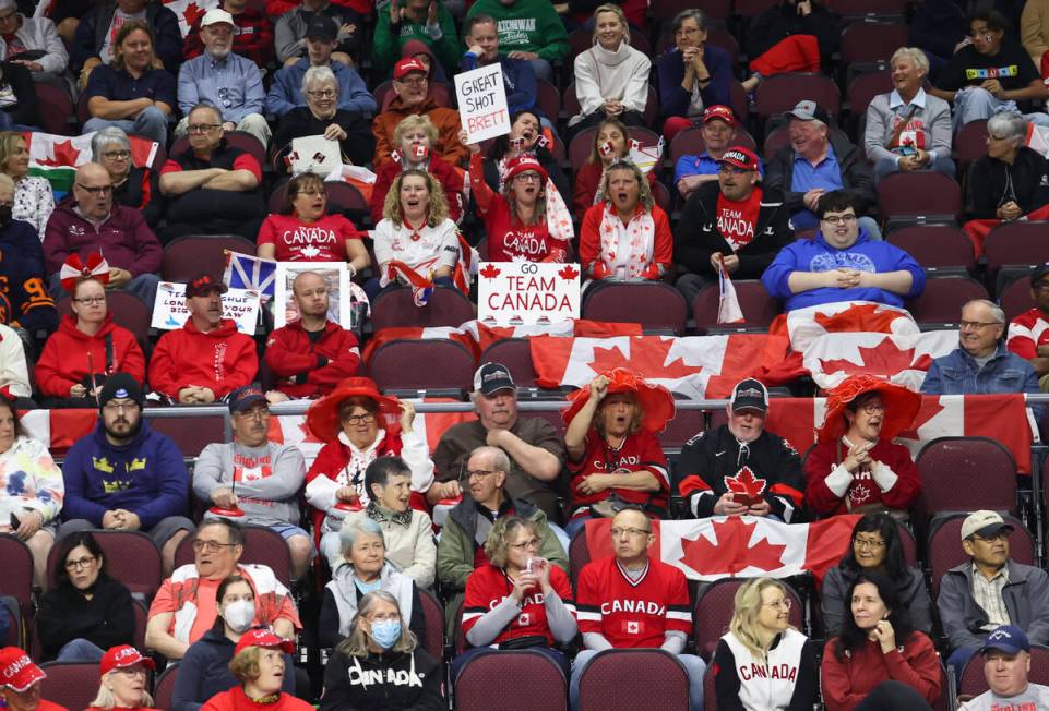 Canada fans cheer during the gold medal game against Sweden in the LGT World Men's Curling Cham ...