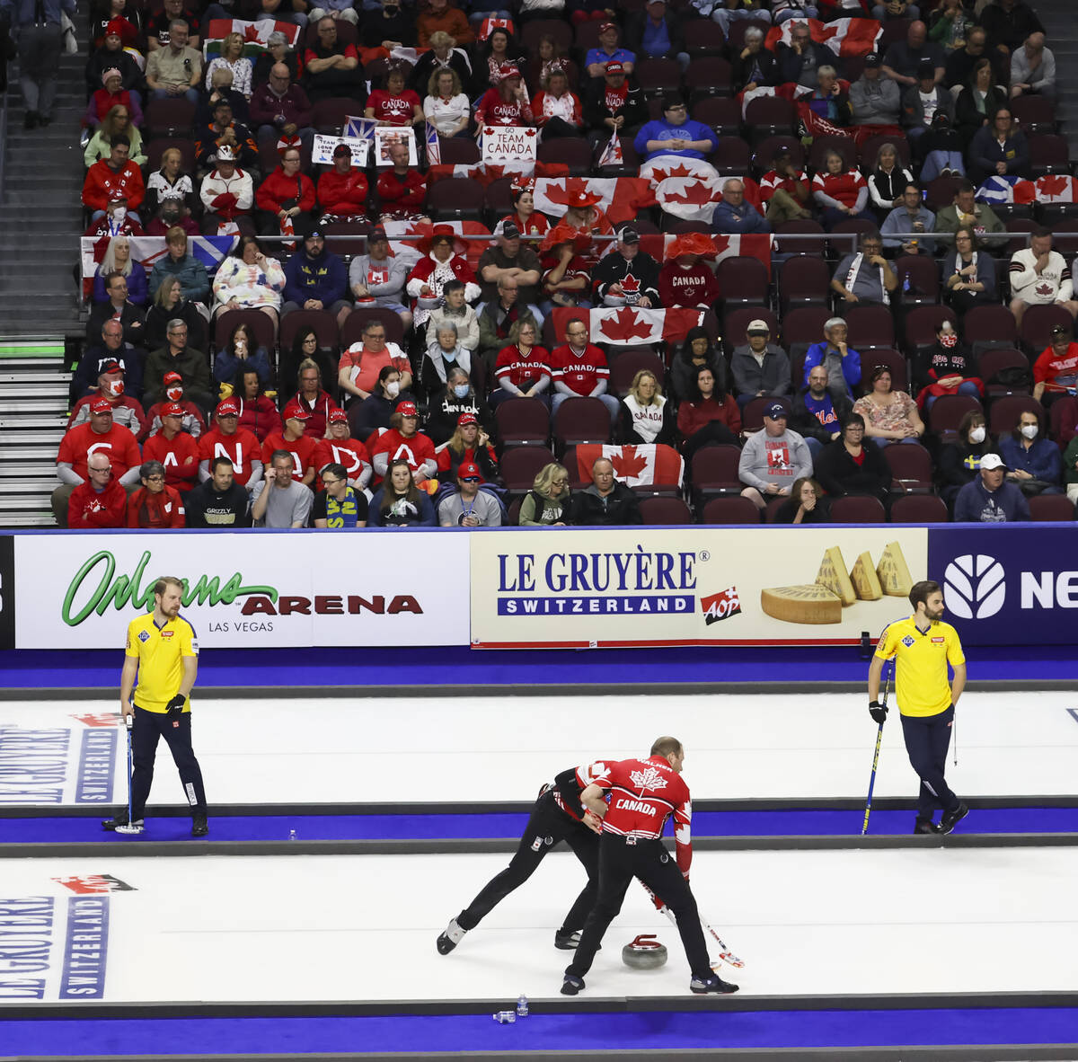 Curling fans watch as Canada takes on Sweden in the gold medal game of the LGT World Men's Curl ...