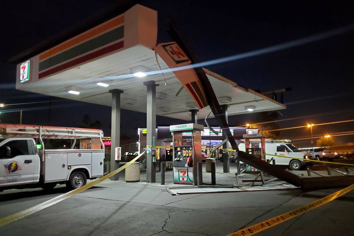 Wind damage is seen at a 7-11 store at Tropicana and Jones in Las Vegas on Monday, April 11, 20 ...