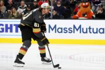 Vegas Golden Knights forward Mark Stone (61) participates in the Save Streak competition during ...