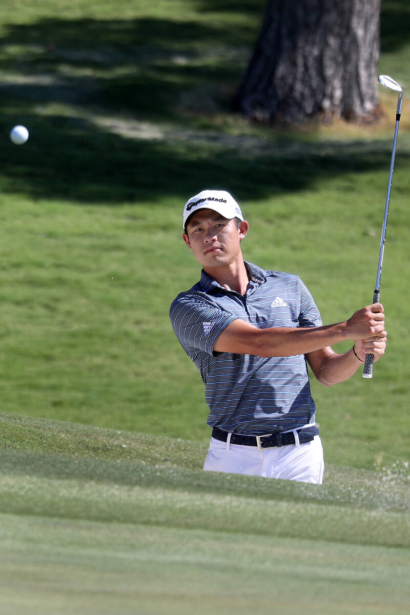 Collin Morikawa hits a chip shot during the 2020 Shriners Hospitals for Children Open practice ...