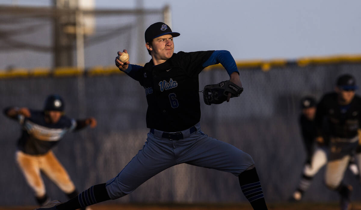 Sierra Vista’s Nick Torres (6) pitches during a boys high school baseball game against C ...