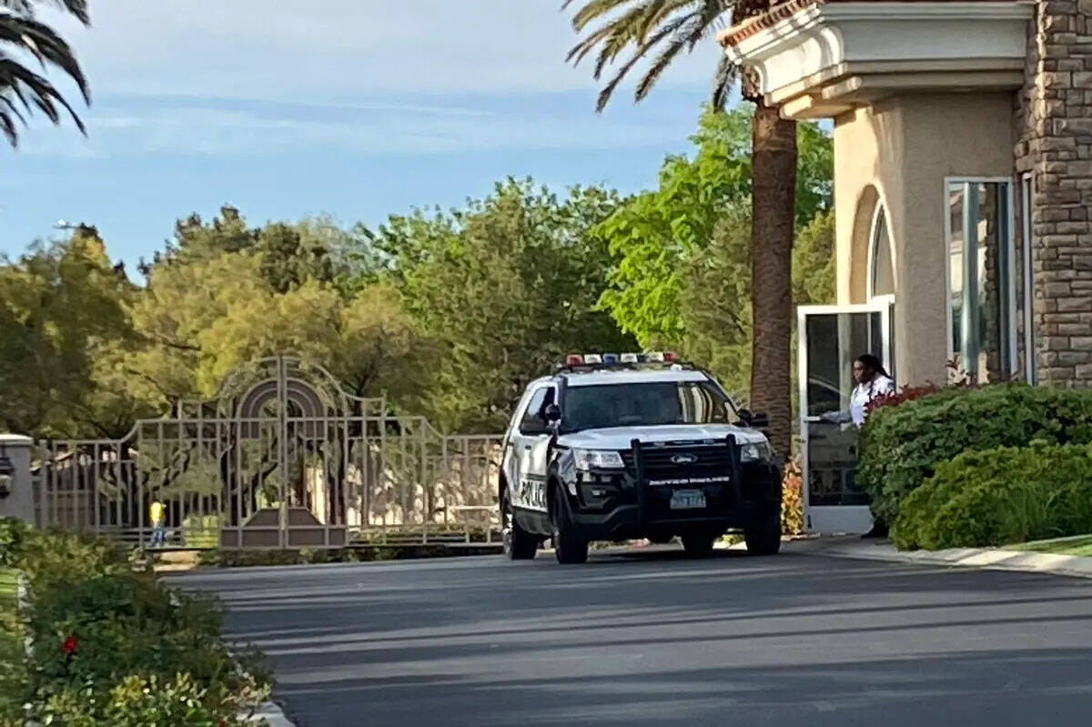 Las Vegas police investigate a shooting in the 9600 block of Mariner Village Court on Monday, A ...
